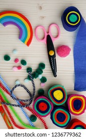 Colorful Art Supplies. Paper, Scissors, Crayon, Pom Poms, Pipe Cleaner. Art And Craft.