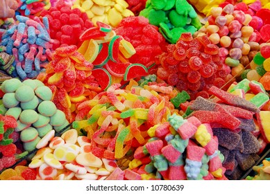 Colorful Assortment Of Candy At Boqueria Market In Barcelona