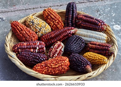 Un colorido surtido de variedades de maíz nativo seco cultivado tradicionalmente en el Valle Sagrado del Perú. Esta Imagen destaca el rico patrimonio agrícola de la región y la biodiversidad andina.
