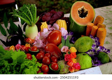 A colorful assortment of fresh fruits and vegetables, including papaya, corn, carrots, tomatoes, and leafy greens, beautifully arranged with decorative flowers. Ideal for themes on healthy living, foo - Powered by Shutterstock