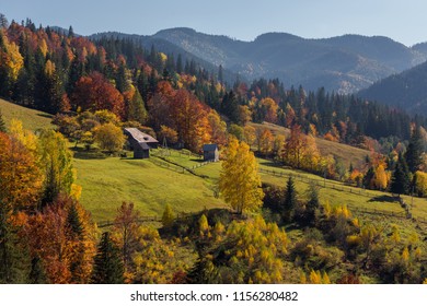 Colorful autumn landscape in the mountain village. Beautiful morning in the Carpathian mountains, Ukraine - Shutterstock ID 1156280482
