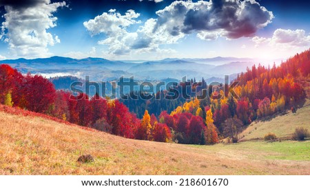 Colorful autumn landscape in the mountain village. Foggy morning in the Carpathian mountains. Sokilsky ridge, Ukraine, Europe.