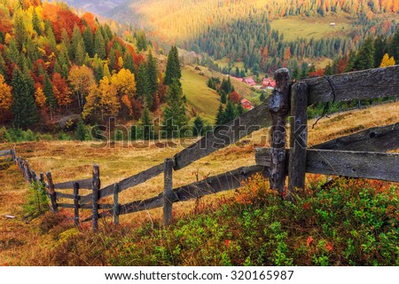 Colorful autumn landscape scene with fence in Transylvania mountain-Romania Foto stock © 