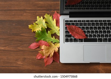 Colorful Autumn leaves and laptop on the wooden desk. Top view of work space in the fall.  - Powered by Shutterstock