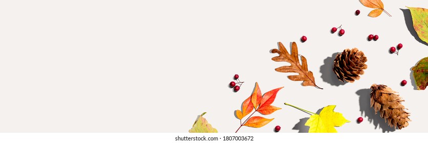 Colorful autumn leaves with pinecones overhead view - flat lay