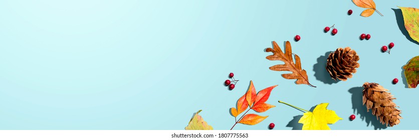 Colorful Autumn Leaves With Pinecones Overhead View - Flat Lay