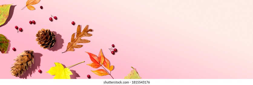 Colorful Autumn Leaves With Pinecones Overhead View - Flat Lay