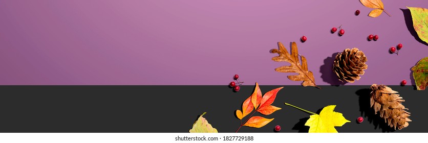 Colorful Autumn Leaves With Pinecones Overhead View - Flat Lay