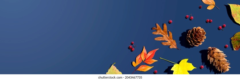 Colorful Autumn Leaves With Pinecones Overhead View - Flat Lay