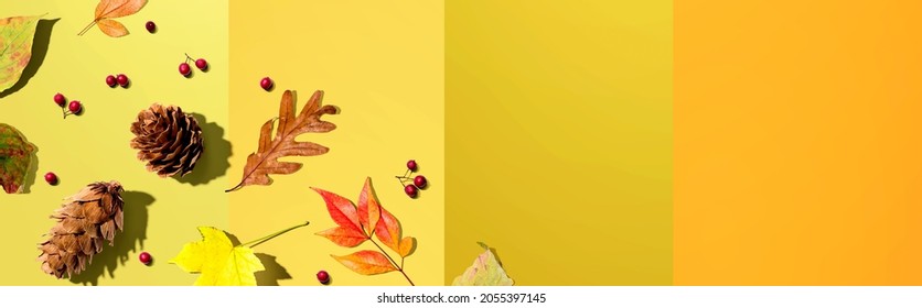 Colorful Autumn Leaves With Pinecones Overhead View - Flat Lay