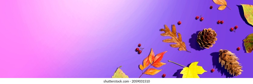 Colorful Autumn Leaves With Pinecones Overhead View - Flat Lay