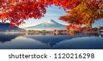 Colorful Autumn Season and Mountain Fuji with morning fog and red leaves at lake Kawaguchiko is one of the best places in Japan