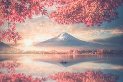 Colorful Autumn Season And Mountain Fuji With Morning Fog And Red Leaves At Lake Kawaguchiko Is One Of The Best Places In Japan