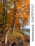 Colorful autumn trees along lake Superior shoreline in Michigan upper peninsula.