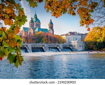 Colorful autumn view of Landmark Protestant St. Luke's Church. Exciting morning cityscape of Munich, Bavaria, Germany, Europe. Traveling concept background.