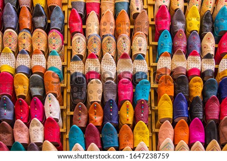 Colorful Babouche slippers - Traditional Moroccan footwear at the bazaar in Marocco