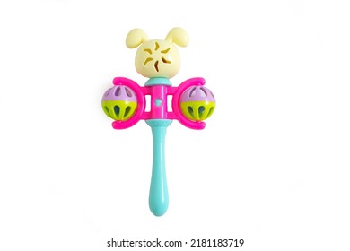 Colorful baby rattles isolated on white background, rattle ball is a small ball toy that contains rattles so that it makes a sound when it rolls.