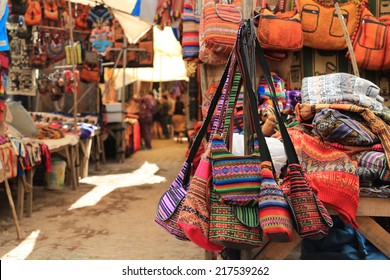 Colorful Bags In Local Market Of Cuzco, Peru 