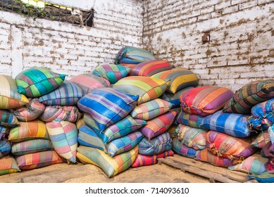 Colorful Bags Used In The Production Of Coffee Near Manizales, Colombia