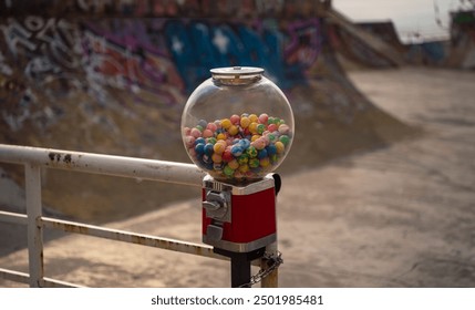 A colorful ball vending machine in an urban setting, with a graffiti-covered skate park in the background. Suitable for nostalgia, urban culture and street photography themes - Powered by Shutterstock