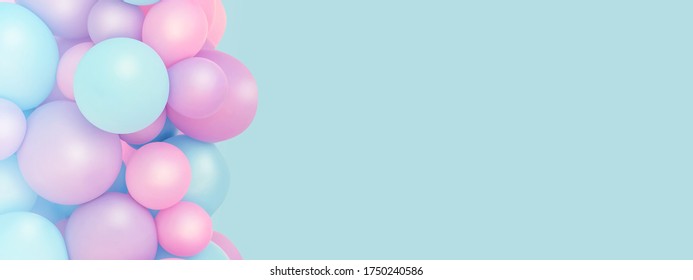 Colorful Balloons Background, Punchy Pastel Colored And Soft Focus. Pink And Mint Balloons Photo Wall Birthday Decoration. Copy Space. Web Banner. Wedding Party.