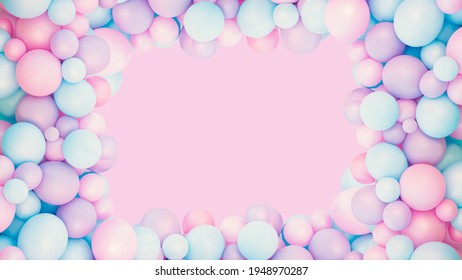 Colorful balloons background, punchy pink and mint pastel colored and soft focus. Party festive balloons photo wall birthday decoration for children. Background for wedding, anniversary, birthday.