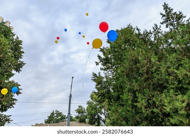 Colorful balloons floating in cloudy sky over green trees.
