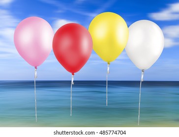 Colorful Balloons On Beach Blue Ocean Stock Photo 485774704 