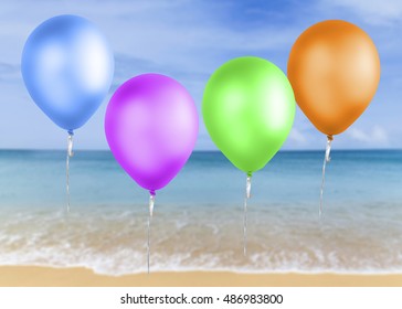 Colorful Balloons On Beach Blue Ocean Stock Photo (Edit Now) 485774701