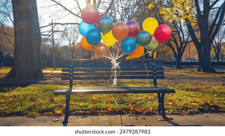 Colorful Balloons Tied to a Park Bench suitable for business background, posters, wallpapers, banners, greeting cards, and advertising for business entities or brands.  - Powered by Shutterstock