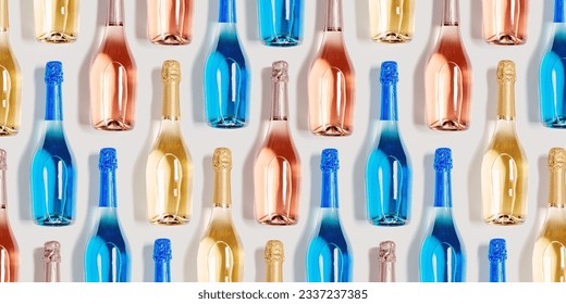 Colorful banner of bottles of sparkling wine, colored glass bright champagne bottle as texture background. Festive Summer alcohol drinks, happy holidays beverage wallpaper, top view trendy pattern - Powered by Shutterstock