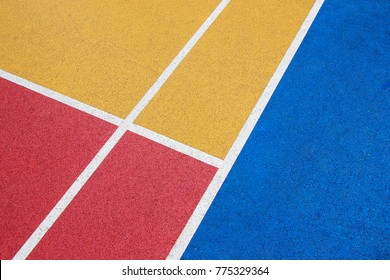 Colorful Basketball Court, Red, Yellow And Blue With White Line