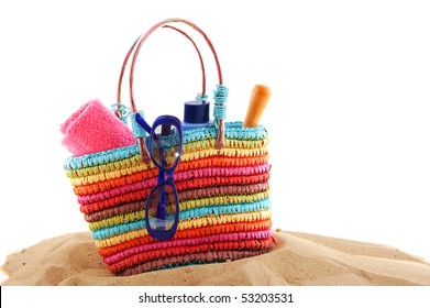 Colorful Beach Bag With Toys And Sunglasses For The Whole Family