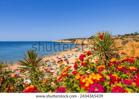 Colorful beach with flowers in Armacao de Pera, Algarve, Portugal