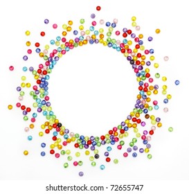 Colorful Beads, Circle Shape Space For Photo Or Text Isolated On White Background