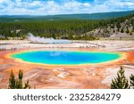 Colorful beautiful Grand Prismatic Springs, summer cloudy sky, panoramic landscape view,  wide lens view 