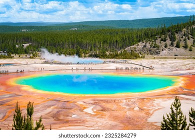 Colorful beautiful Grand Prismatic Springs, summer cloudy sky, panoramic landscape view,  wide lens view  - Powered by Shutterstock