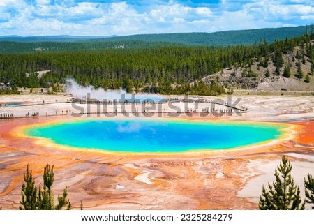 Colorful beautiful Grand Prismatic Springs, summer cloudy sky, panoramic landscape view,  wide lens view 