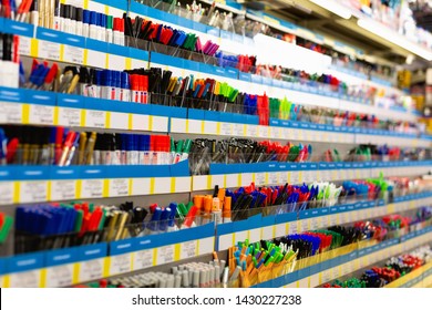 Colorful Beautiful Pen Shelves In Office Supply Store