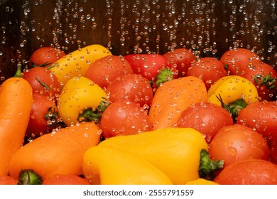 Colorful bell peppers and ripe tomatoes are being washed, surrounded by bubbles and splashes of water, showcasing fresh produce ready for cooking. - Powered by Shutterstock