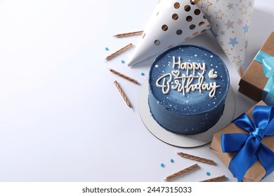 Colorful birthday cake with candles and gifts on white background with copy space - Powered by Shutterstock