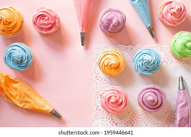 Colorful Birthday Cupcakes On Pink Background Stock Photo 1959446641