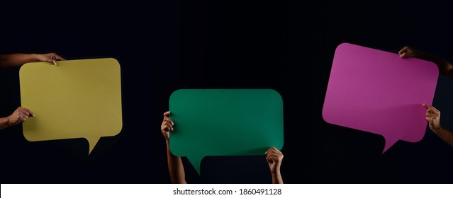 Colorful Blank Speech Bubble. Protest Or Freedom To Speak Concept. Group Of People Raised Up Empty Speech Paper