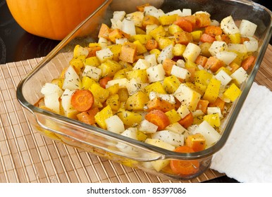 Colorful Blend Of Roasted Potatoes, Yams, Carrots, Yellow Beets, Parsnips And Rutabaga