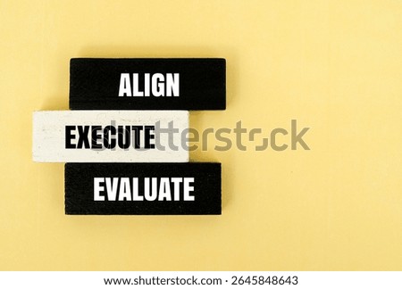 Colorful block with text ALIGN, EXECUTE, EVALUATE. Workflow processes or performance analysis concepts
