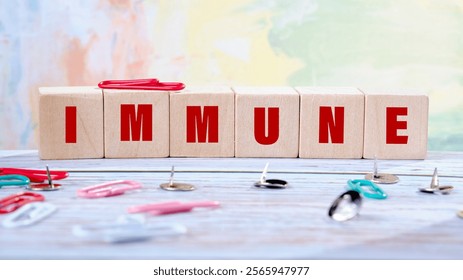 Colorful blocks spell out the word immune, surrounded by paper clips and thumbtacks, symbolizing business finance concepts and strategies in an animated context.