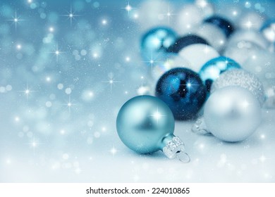 Colorful Blue Christmas Decoration Baubles On White.