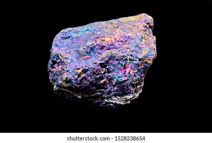 Colorful Blue Magenta Yellow Pink Chalcopyrite Mineral Stone Specimen Against Black Limbo Background