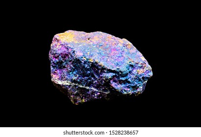 Colorful Blue Magenta Yellow Pink Chalcopyrite Mineral Stone Specimen Against Black Limbo Background