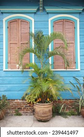 Colorful Blue And Pink Wooden House Detail Of Classical New Orleans Shotgun House Architecture